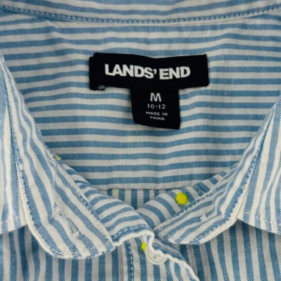 Lands End Womens M Button-Down Shirt Blue & White Striped With Yellow Dots - Picture 2 of 5